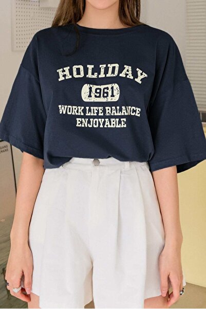 MODAGEN Unisex Navy Blue Crew Neck Holiday Printed Oversize T-Shirt