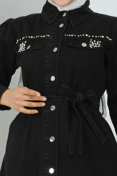 benguen 6804 Τσέπες Χάντρες Λεπτομερές Τζιν Φόρεμα Μαύρο