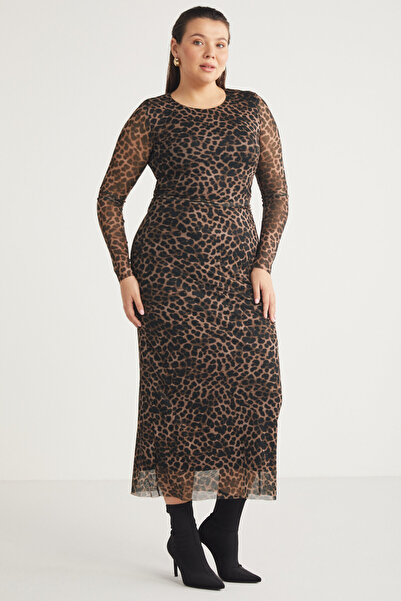 ETHIQUET Nagatabb Women's Body Fully Hugging Lined Mesh Crew Neck Leopard Print Large Size Dress
