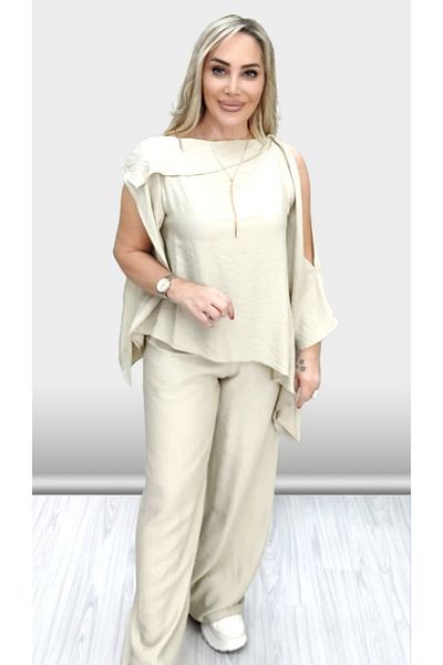 hot fashions طقم كتان مع بنطلون بخصر مطاطي غير متماثل