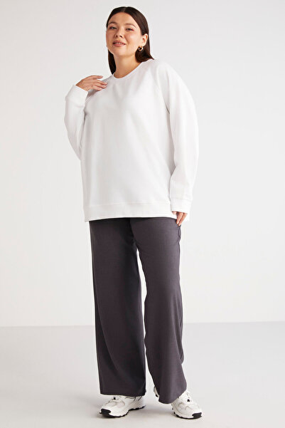 ETHIQUET Barborabb Kadın Relaxed Içi Polarlı Yumuşacık Comfort Fit Beyaz Büyük Beden Sweatshirt