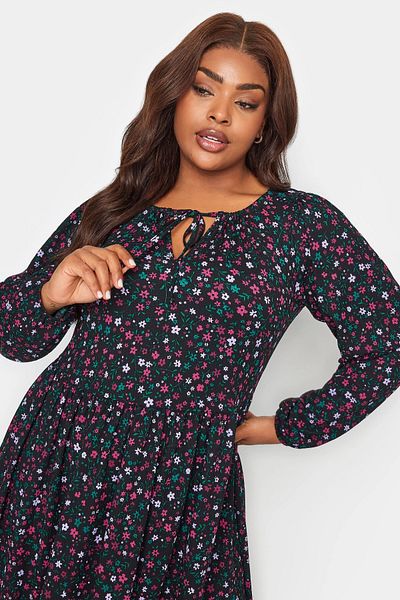 Stil Diva Plus Size Floral Patterned Midi Dress with Tie Collar Detail137628
