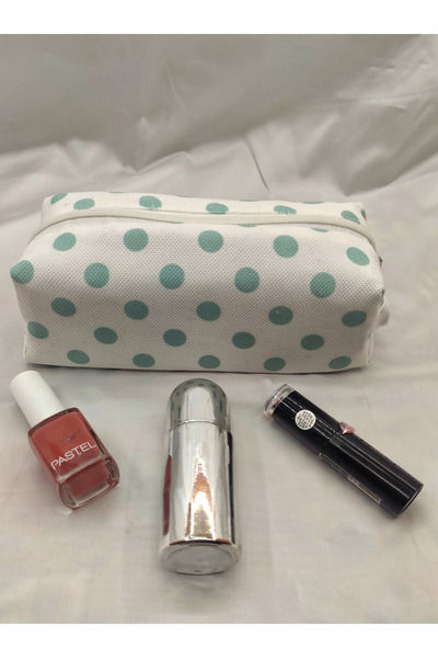 Trend Tasarım Beyaz Üzeri Mint Mavi Astarlı Yıkanabilir Bez Makyaj Çantası Kalemlik Küçük Boy