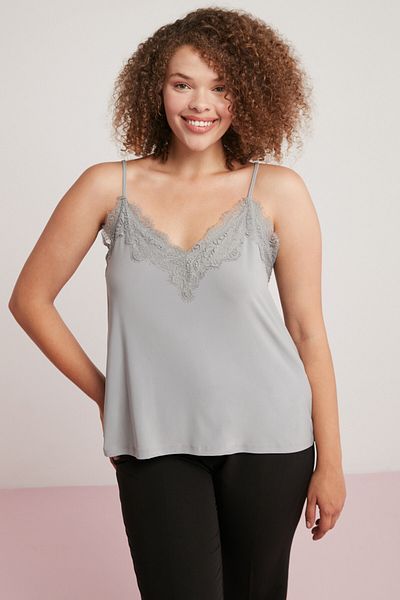 ETHIQUET Clara Women's Lightly Draped Collar and Lace Straps Gray Plus Size Bodysuit