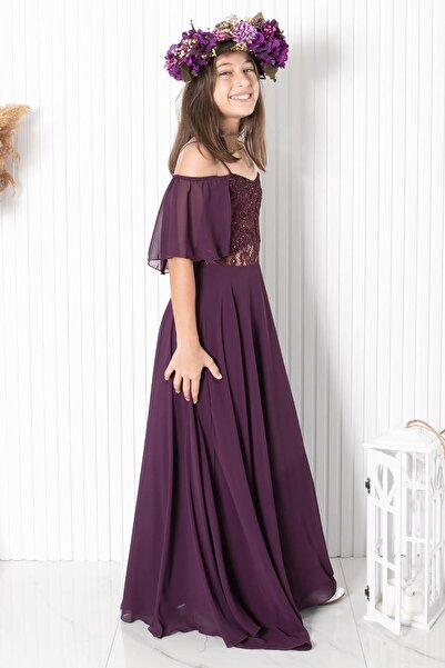 SUBU TASARIM Βραδινό φόρεμα μακρύ σιφόν με λεπτομέρεια στο μανίκι και δαντέλα, Plum Mdv330