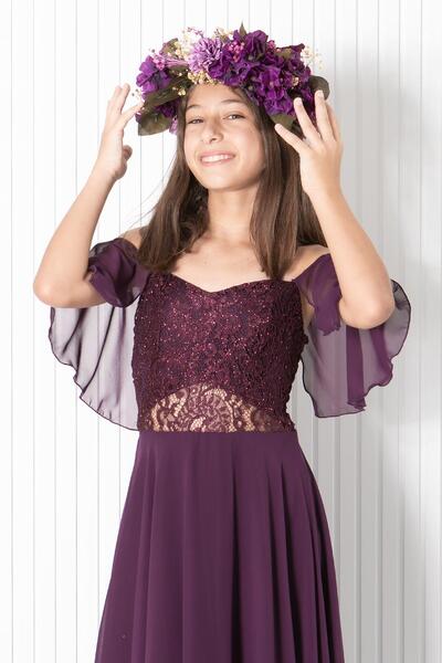 SUBU TASARIM Rochie de seară lungă din sifon cu mânecă și dantelă, prune Mdv330