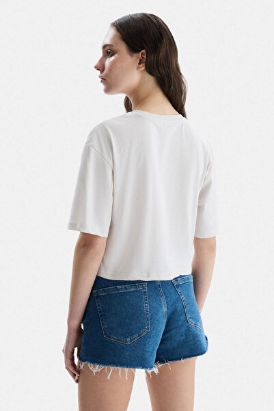 UCLA HELENA Μπεζ Crew Neck Oversize Crop Κεντημένο Oversize Γυναικείο Tshirt