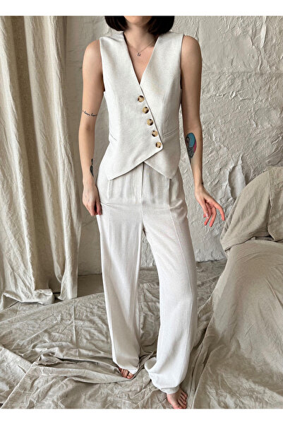 Laluvia Kő színű 100% pamut keresztgombos mellény nadrág szett