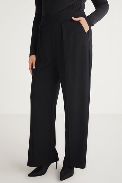 ETHIQUET Hannelebb Women's Knitted Striped Ribbed and Pleat Detailed Black Plus Size Trousers with Elastic Waist