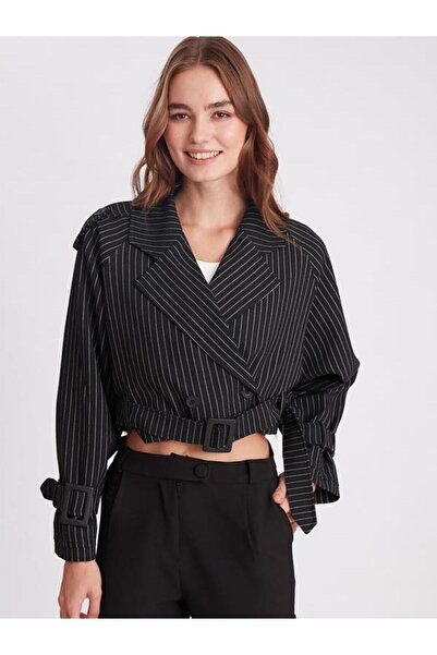msendam Women's Short Length Lined Zara Model Striped Trench Coat Jacket-Black