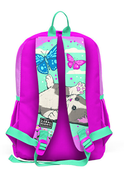 Coral High Kids Su Yeşili Pembe Kedi Desenli Dört Bölmeli Okul Sırt Çantası 23707