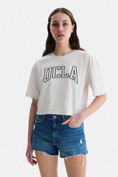 UCLA HELENA Bej Bisiklet Yaka Oversize Crop Nakışlı Oversize Kadın Tricou
