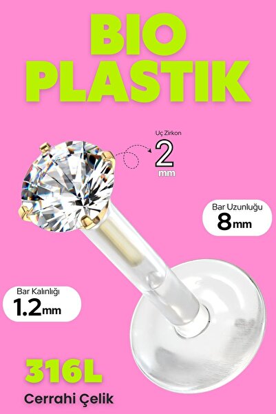Cerrahi Çelik Altın Tek Taşlı Labret  Bioplastik Dudak, Kulak Helix, Septum, Smiley, Tragus