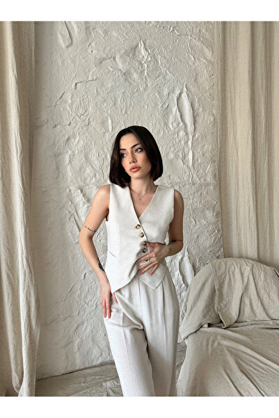 Laluvia Kő színű 100% pamut keresztgombos mellény nadrág szett