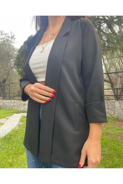 Genel Markalar Siyah Atlas Kumaş Blazer Ceket