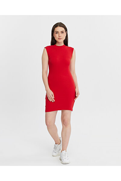 mor butik kırmızı yarım balıkçı yaka kolsuz elbise elb02221