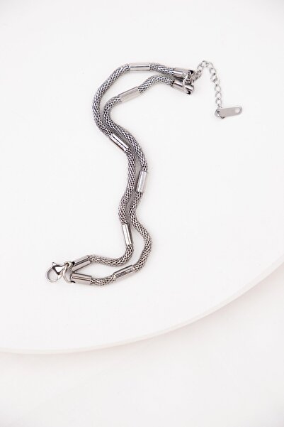 Sacha Accessories Mesh Pipe Double Row Silver Steel Bracelet