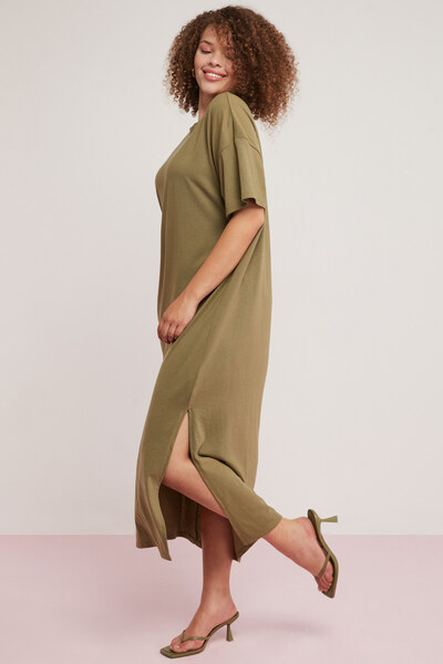 ETHIQUET Morganne Women's 100% Cotton Flowing Bat Sleeve Slit Comfort Fit Khaki Plus Size Dress