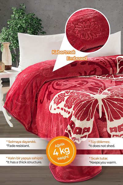 Evlen Home Collection Thick Soft Plush 4 Kg Blanket Supersoft Embos Double Soft Emboss 220x240 cm KLB Red