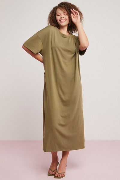 ETHIQUET Morganne Women's 100% Cotton Flowing Bat Sleeve Slit Comfort Fit Khaki Plus Size Dress