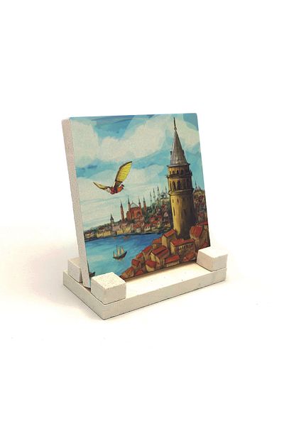 Sadrazam Turnul Galata și Hezarfen Ahmet Çelebi's Flight Moment Imprimat Desktop din piatră naturală 10x10 Krt-25