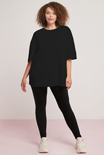 ETHIQUET Damska koszulka z okrągłym dekoltem Gabrıelle, oversize, zwykły, czarny T-shirt plus size