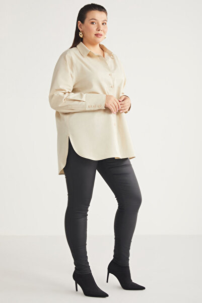 ETHIQUET Amarabb Women's 100% Organic Cotton Oversize Fit Beige Large Size Shirt with Poplin Cuffs