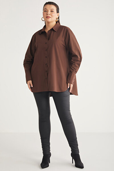 ETHIQUET Amarabb Γυναικείο πουκάμισο από 100% οργανικό βαμβάκι Oversize Ποπλίνα με μανσέτες καφέ Plus Size