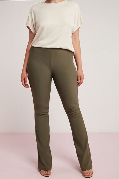 ETHIQUET Larissa Women's Corduroy Interlocked Flexible Flare Khaki Plus Size Trousers That Cover The Body Completely