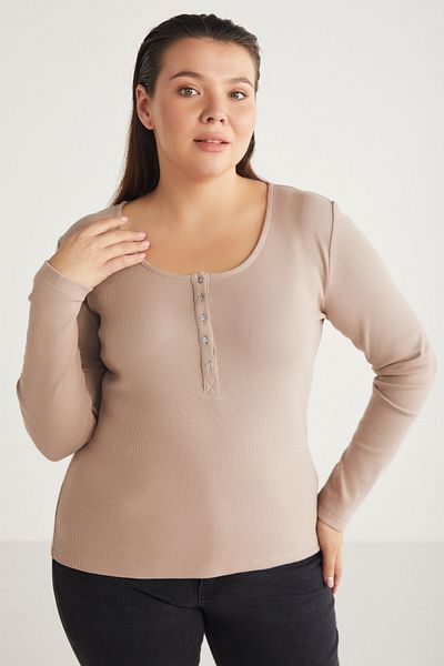 ETHIQUET Zazanabb Women's Ribbed Look Body Hugging Deep Round Neck Buttoned Pink Plus Size Blouse