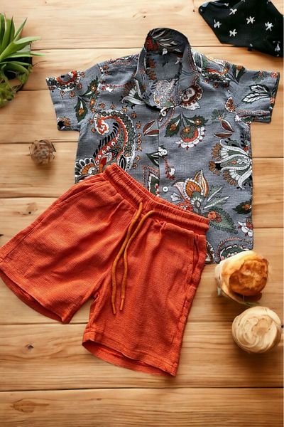 LEON CLUB BOY'S NEW SEASON SAFARI PATTERNED MUSLIN SHIRT ORANGE SHORTS SET