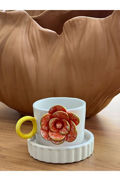 MeGgDecor Turuncu Güllü Fincan Mug Altlığı ile