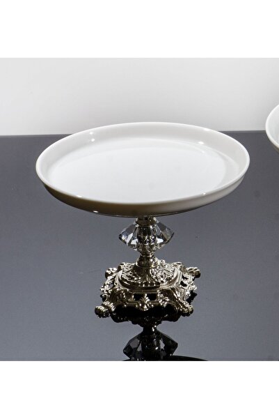 BULUTHOMEAKSESUAR حامل عرض دائري بورسلين بأرجل مصبوبة 21 سم فضي