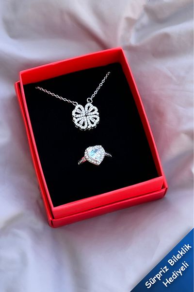 The Collection Adjustable Necklace and Ring with Zircon Stone - Retractable, Magnetic Steel Clover