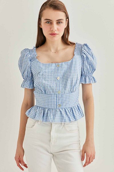 Vitrin Bluse mit Gingham-Rüschen und Knopfdetail