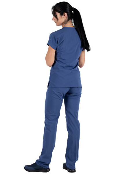 Alsancak Üniforma Fırtına Mavi Likralı Kalın Esnek Kumaş Scrubs Flex Yarasa Kol Doktor Hemşire Forması