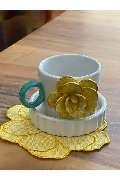 MeGgDecor Sarı Güllü Fincan Mug Altlığı ile