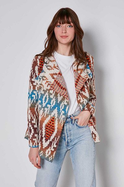 Vitrin Ethnic Pattern Shawl Collar Short Knitwear Cardigan