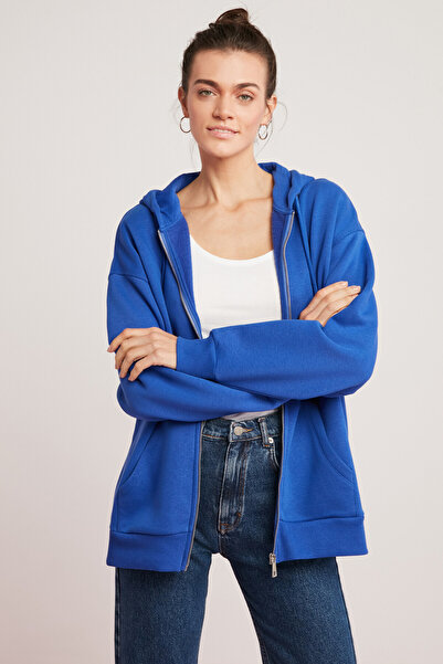 ETHIQUET Γυναικείο φούτερ Oynx από βαμβακερό Fleece Inside Soft Hooded Oversize με διπλή τσέπη Saks μπλε φούτερ