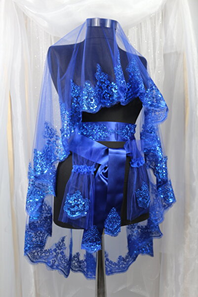 extrasepetim Saks Mavi Güpürlü Tel Kırma Gelin Duvak Kuşak Eldiven Tam Set Kı...