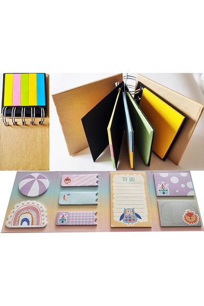 KRAF Owl Adhesive Note Paper Set 8 Different Patterns 8x20 Pieces+Spiral Hard Cover Endless Postit Notebook