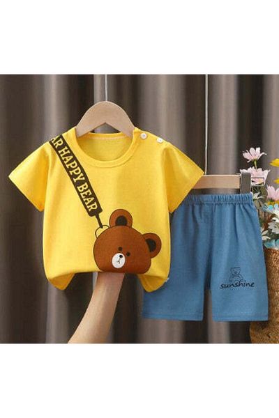 naynes 100% Cotton T-Shirt and Shorts Set for 2 Years Old Girls and Boys - Yellow Cute Teddy Bear