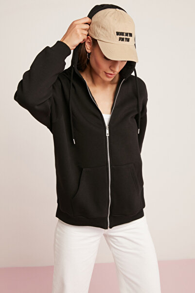 ETHIQUET Γυναικεία φλις φούτερ Oynx με μαλακή κουκούλα με φερμουάρ σε μεγάλο μέγεθος μαύρο