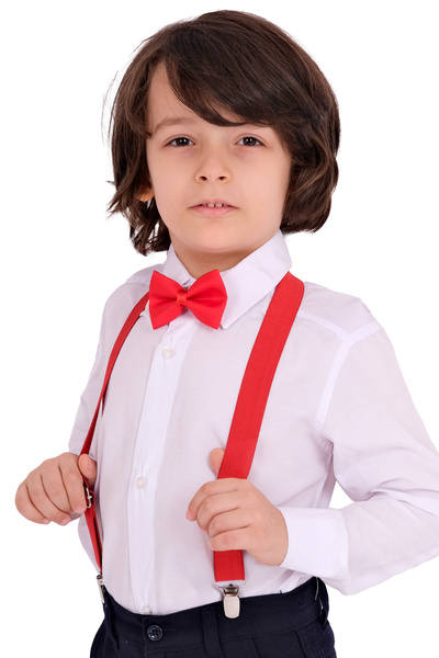 Merdia Boy's Long Sleeve White Shirt Strap Bow Tie 3-Piece Set