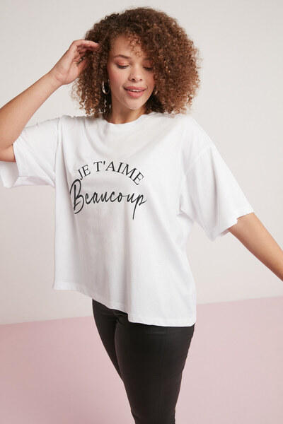 ETHIQUET Γυναικείο λευκό μπλουζάκι Olıvera Oversize - 100% βαμβάκι, στρογγυλή λαιμόκοψη, εμπριμέ