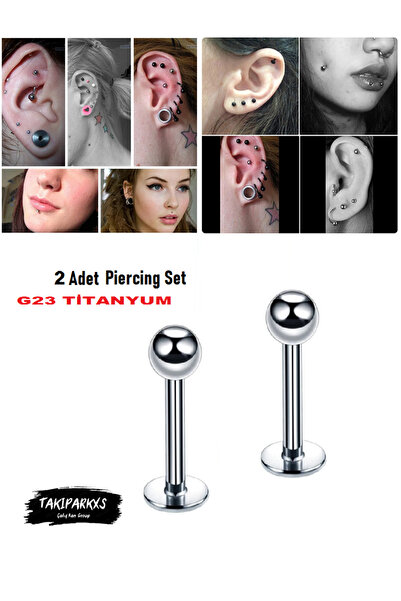 Takıparkxs G23 Titanyum 2 Adet Set Gümüş Gri 8mm Top Uçlu Labret Piercing