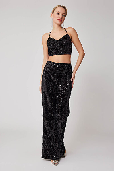 Vitrin Flare Leg High Waist Sequin Trousers