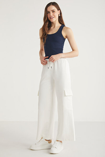 ETHIQUET Γυναικεία 100% βαμβακερή λευκή φούτερ Phoebe με τσέπες Cargo χωρίς φλις και ελαστική μέση