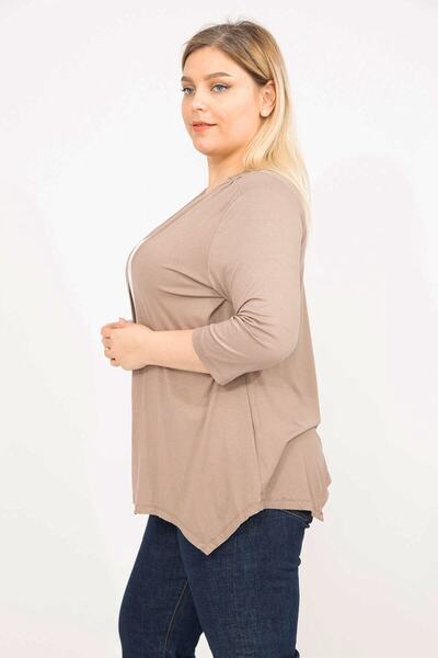 Şans Women's Mink Large Size Back Lace Detailed Capri Sleeve Cardigan 65n35780