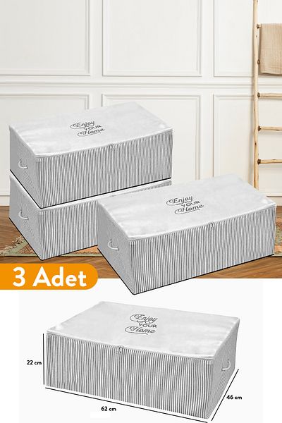 Serstil 3 Pieces - Large Size Plinth Storage Box with Gray Stripes 62 x 46 x 22 cm